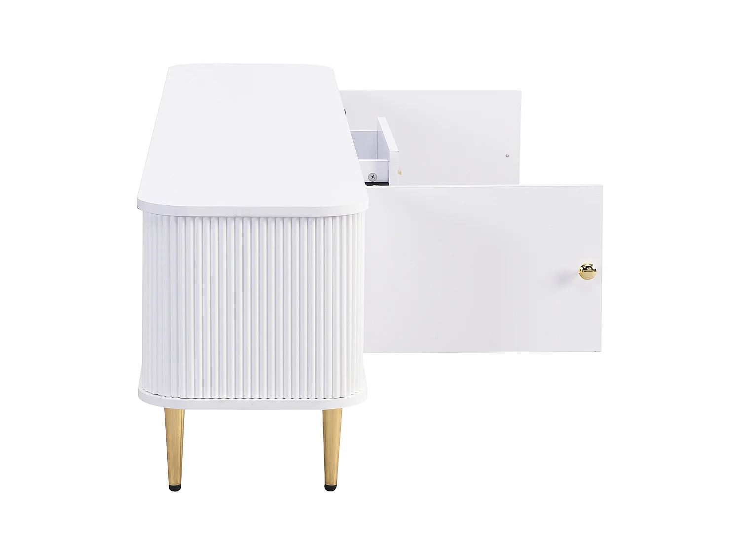 Meuble TV avec Tiroirs, Coins Arrondis, Meuble TV Salon avec Côtés Ondulés, Poignées et Pieds Dorés