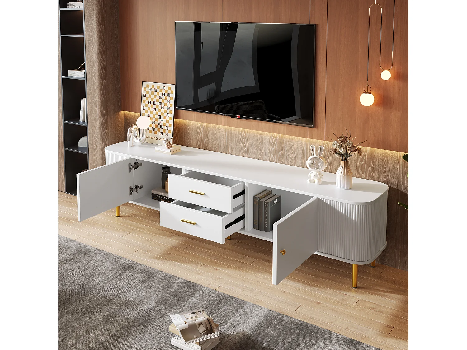 Meuble TV avec Tiroirs, Coins Arrondis, Meuble TV Salon avec Côtés Ondulés, Poignées et Pieds Dorés