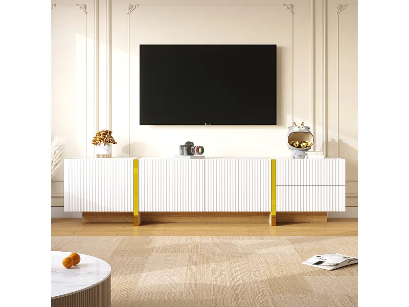 Meuble TV 190 cm, 3 portes, 2 tiroirs, blanc avec doré et finition bois – Design élégant et pratique pour le salon.