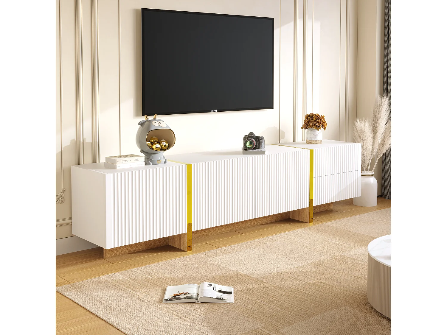 Meuble TV 190 cm, 3 portes, 2 tiroirs, blanc avec doré et finition bois – Design élégant et pratique pour le salon.