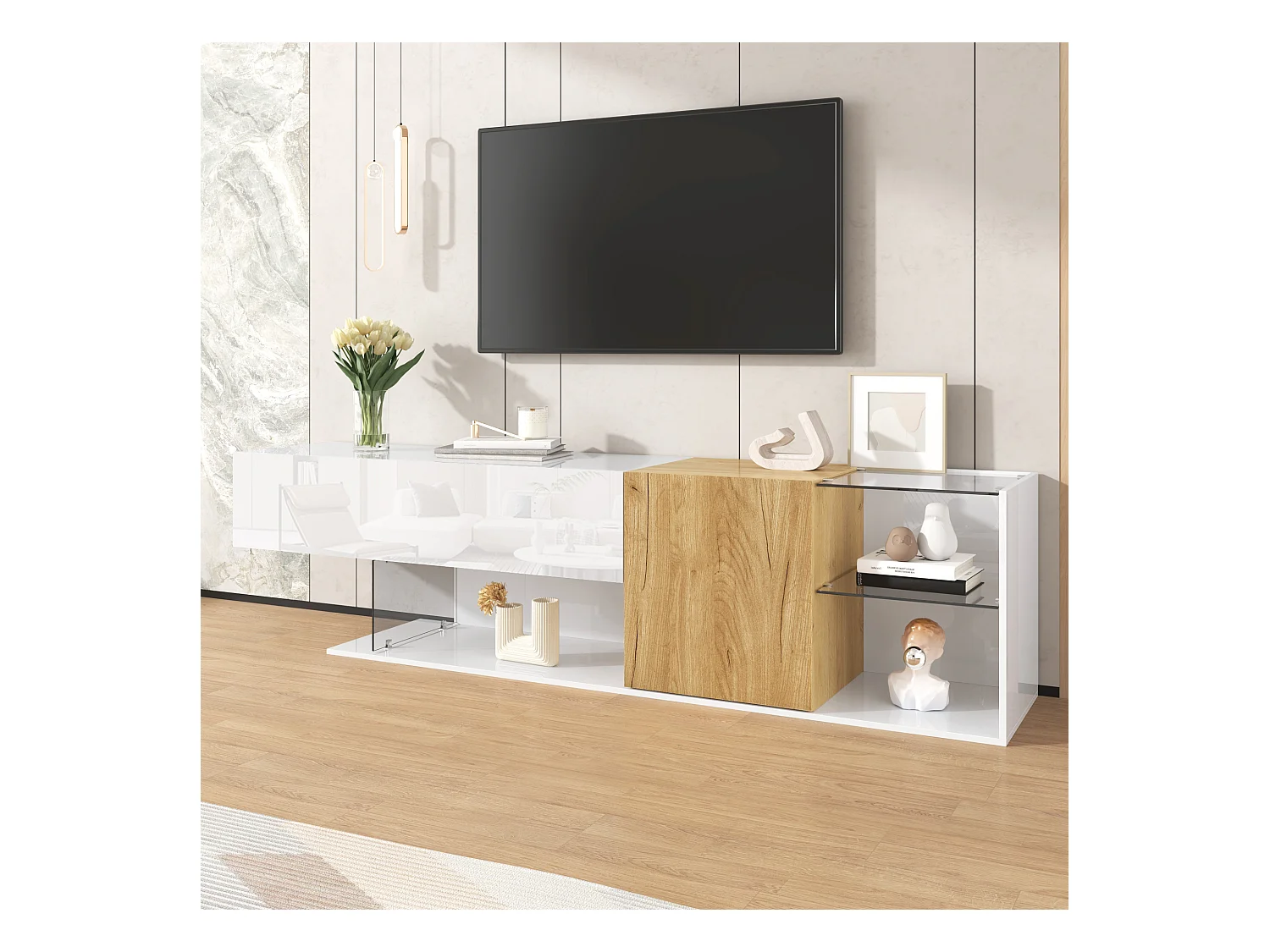 Commode TV moderne laquée blanche avec finition bois et étagères en verre, 180 cm, design minimaliste, stockage pratique pour le salon.