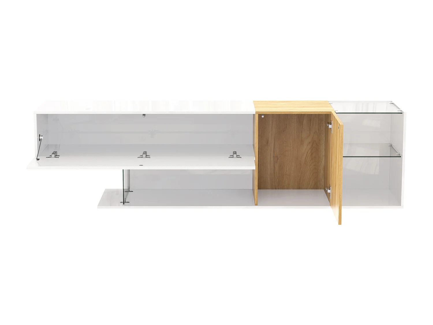 Commode TV moderne laquée blanche avec finition bois et étagères en verre, 180 cm, design minimaliste, stockage pratique pour le salon.