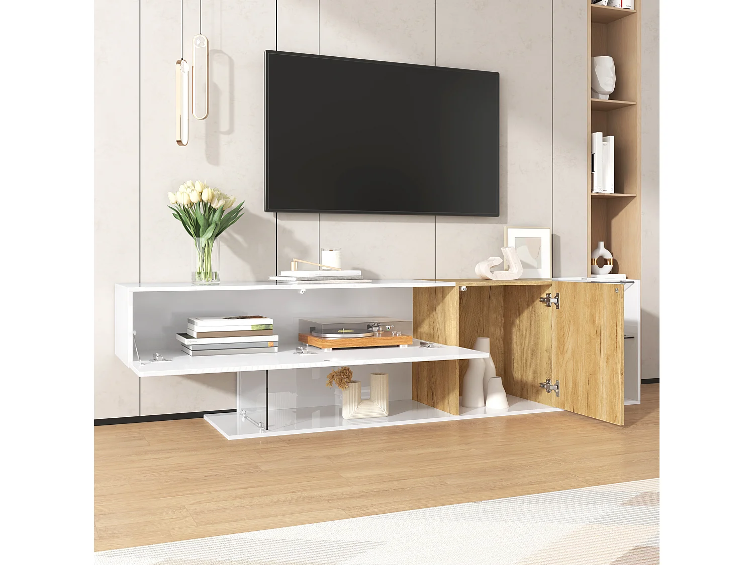 Commode TV moderne laquée blanche avec finition bois et étagères en verre, 180 cm, design minimaliste, stockage pratique pour le salon.