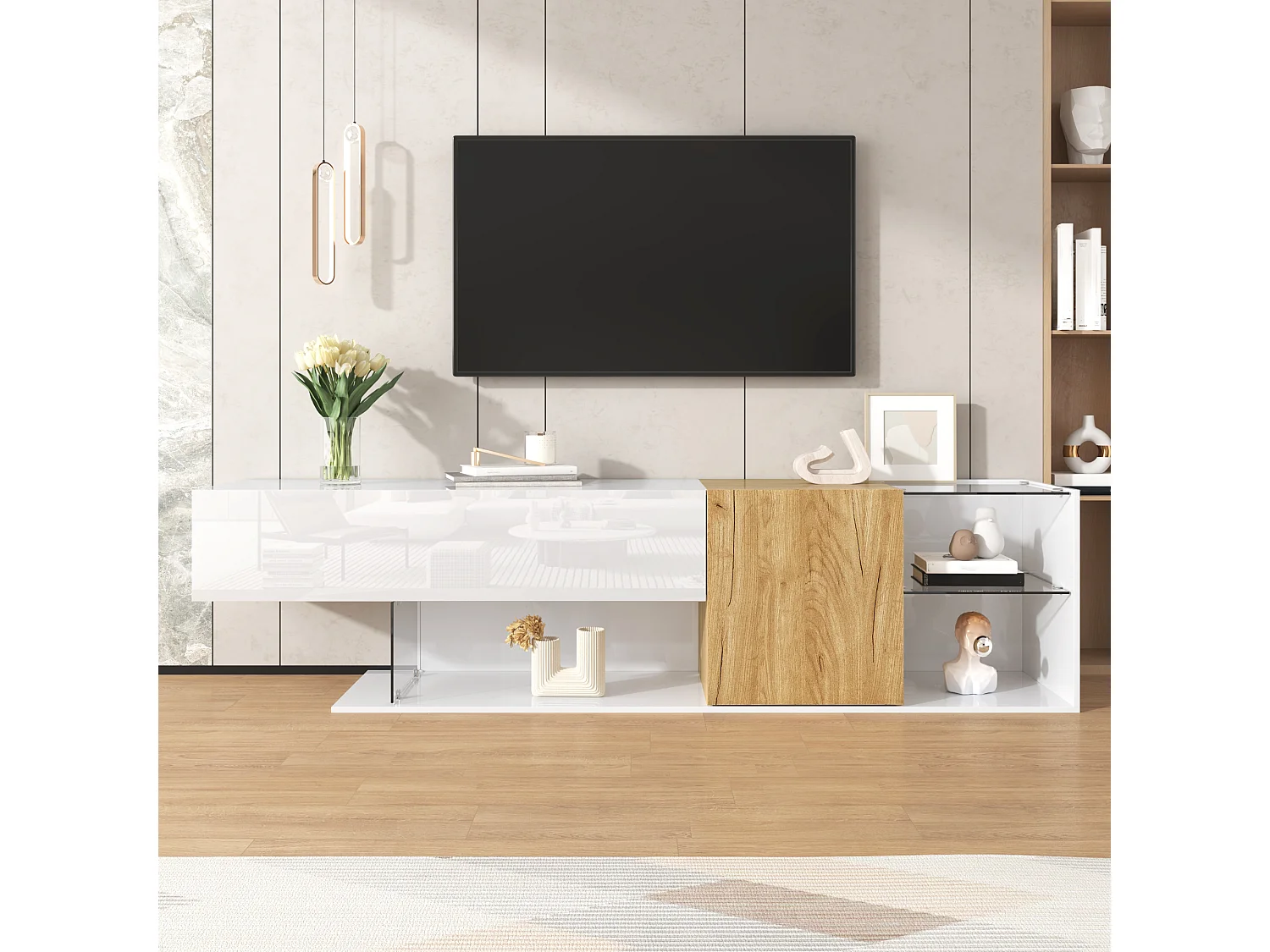Commode TV moderne laquée blanche avec finition bois et étagères en verre, 180 cm, design minimaliste, stockage pratique pour le salon.