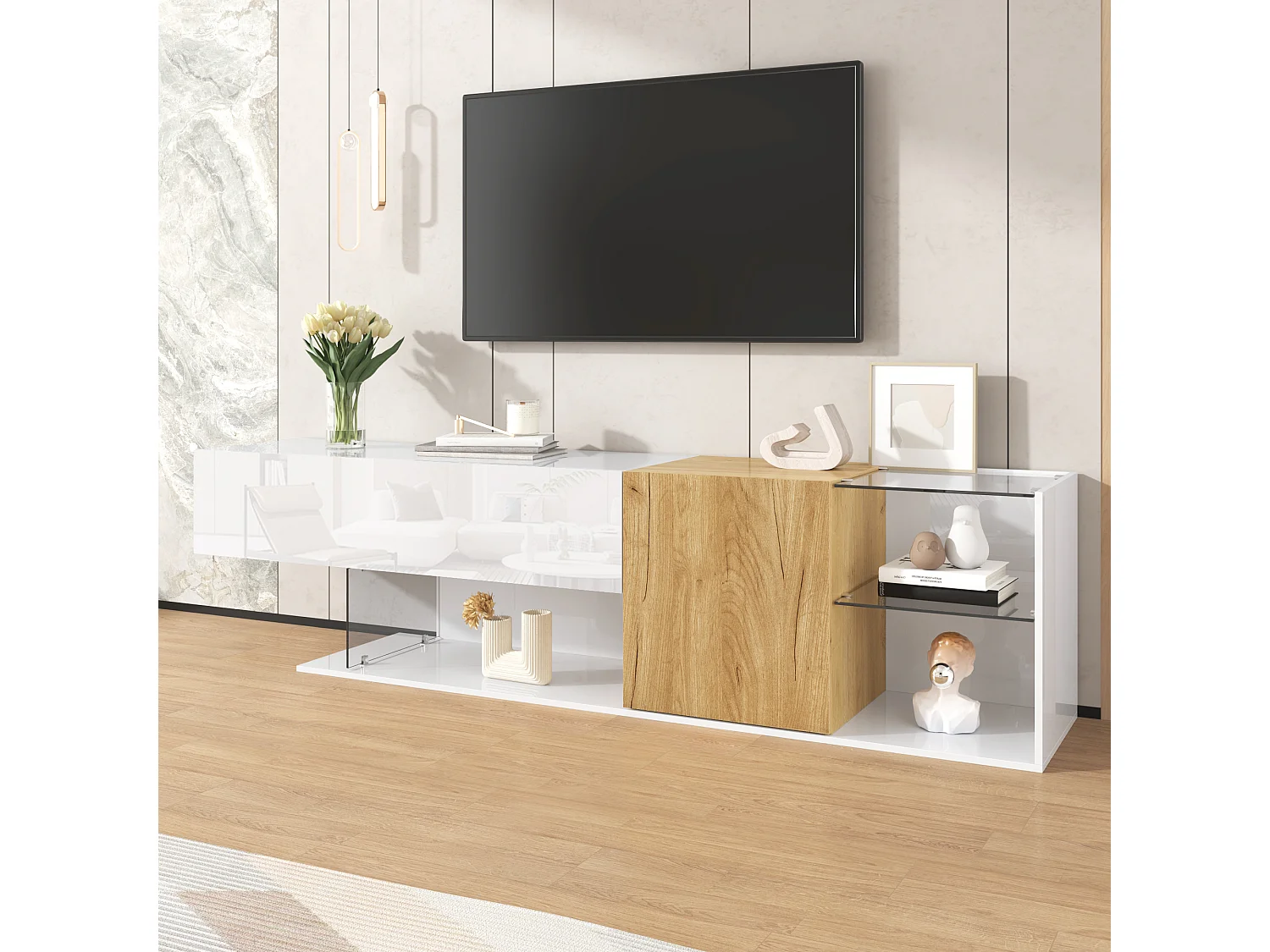 Commode TV moderne laquée blanche avec finition bois et étagères en verre, 180 cm, design minimaliste, stockage pratique pour le salon.