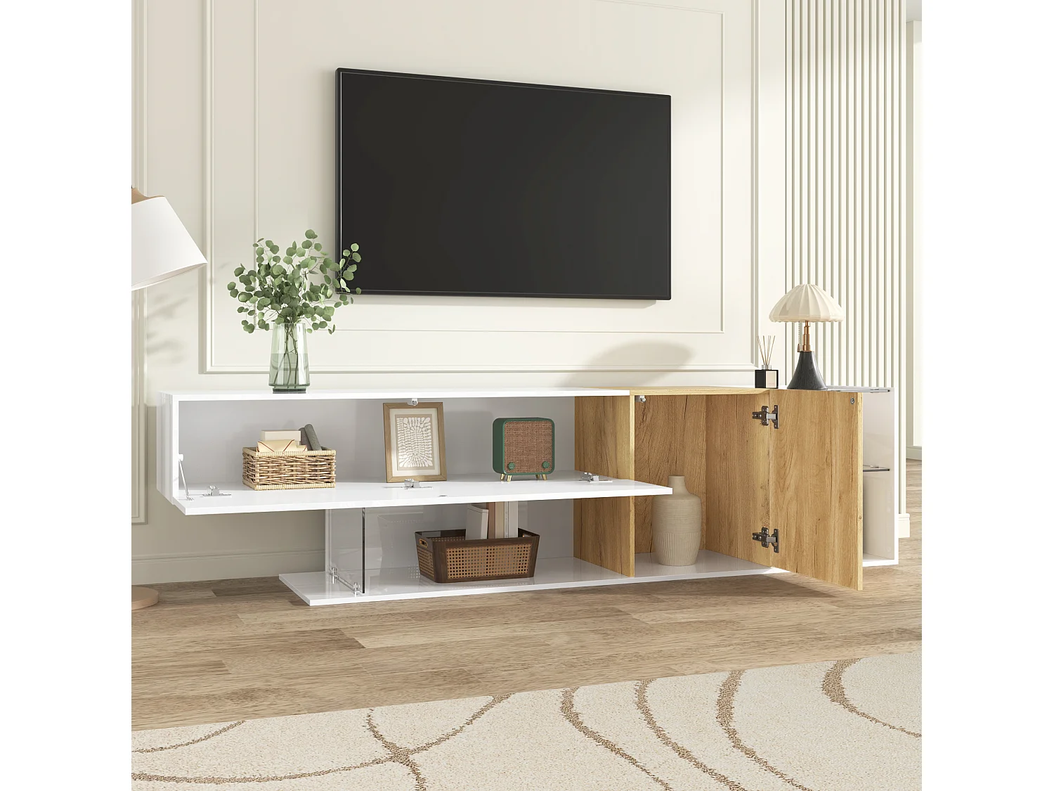 Commode TV moderne laquée blanche avec finition bois et étagères en verre, 180 cm, design minimaliste, stockage pratique pour le salon.