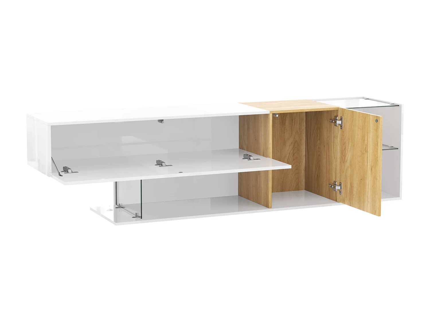 Commode TV moderne laquée blanche avec finition bois et étagères en verre, 180 cm, design minimaliste, stockage pratique pour le salon.