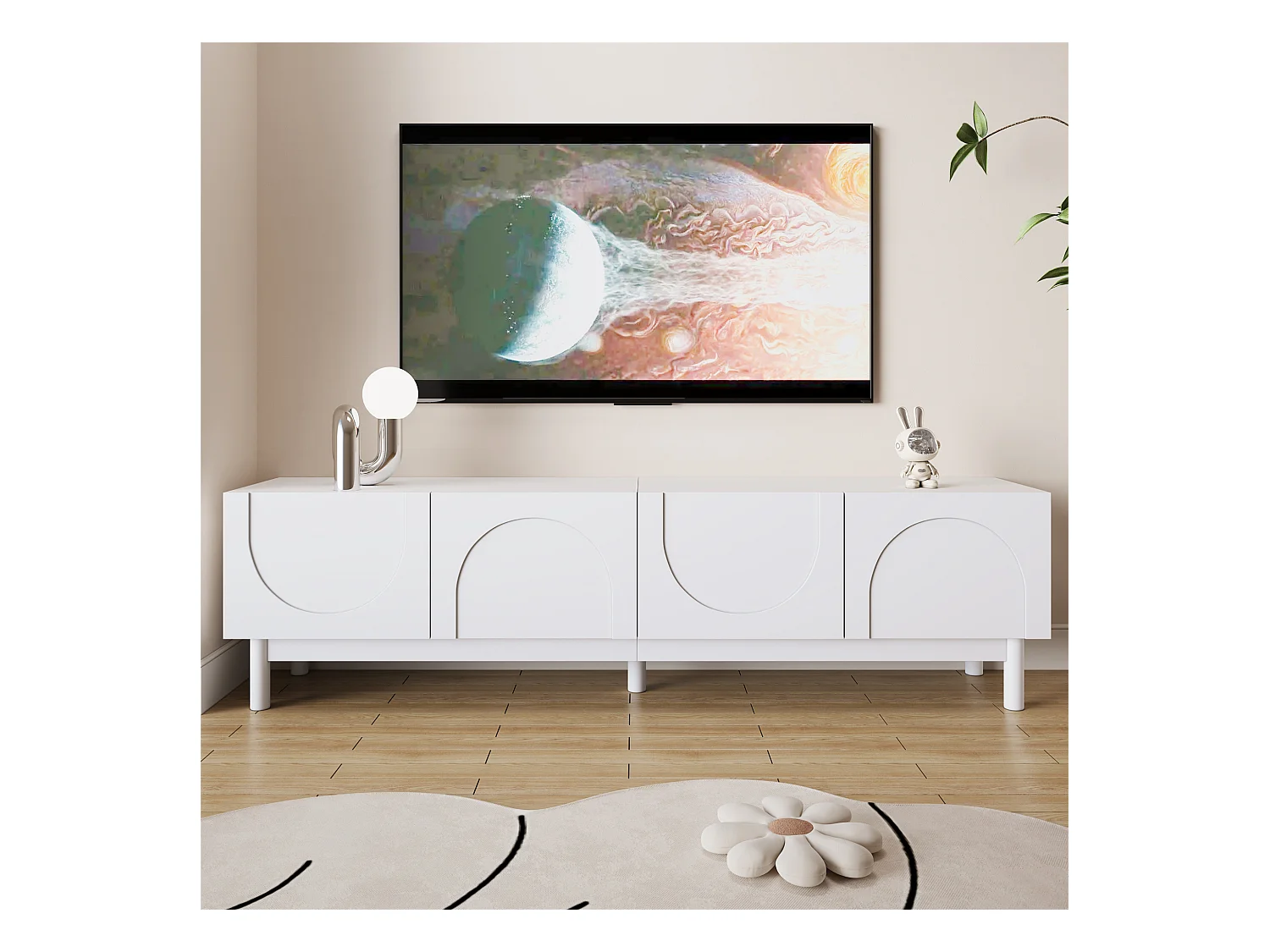 Lowboard, Meuble TV avec Portes Ondulées Cintrées, Étagères et Support TV avec Pieds Stabilisateurs