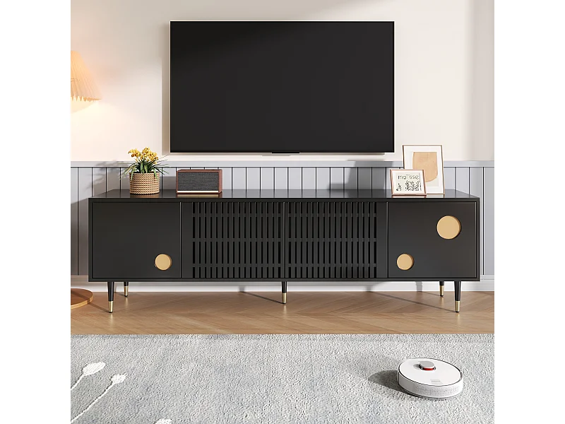 Meuble TV avec structure en grille, poignées cachées, décoration dorée, meubles pour salon, deux portes en bois massif.