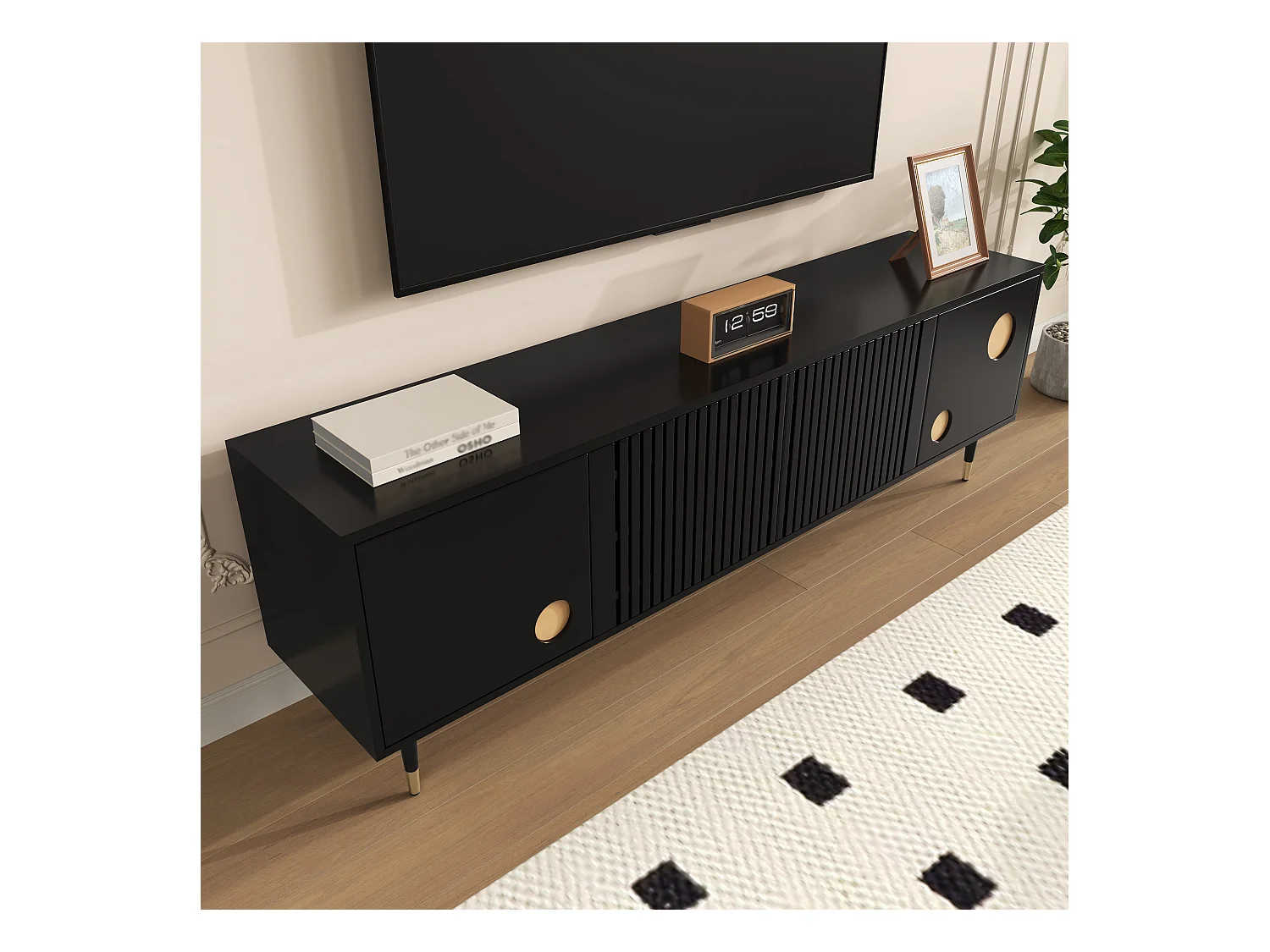 Meuble TV avec structure en grille, poignées cachées, décoration dorée, meubles pour salon, deux portes en bois massif.