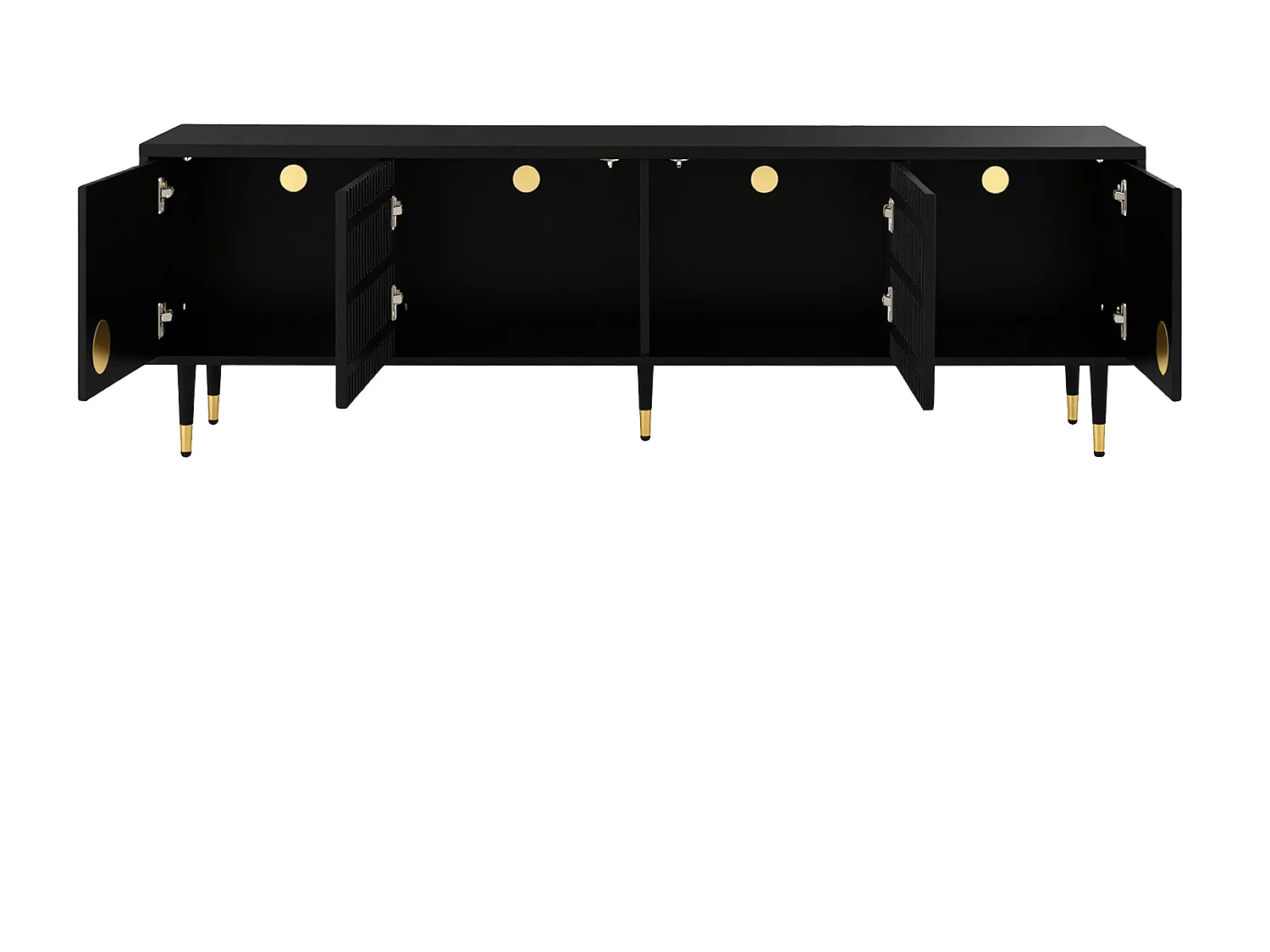 Meuble TV avec structure en grille, poignées cachées, décoration dorée, meubles pour salon, deux portes en bois massif.