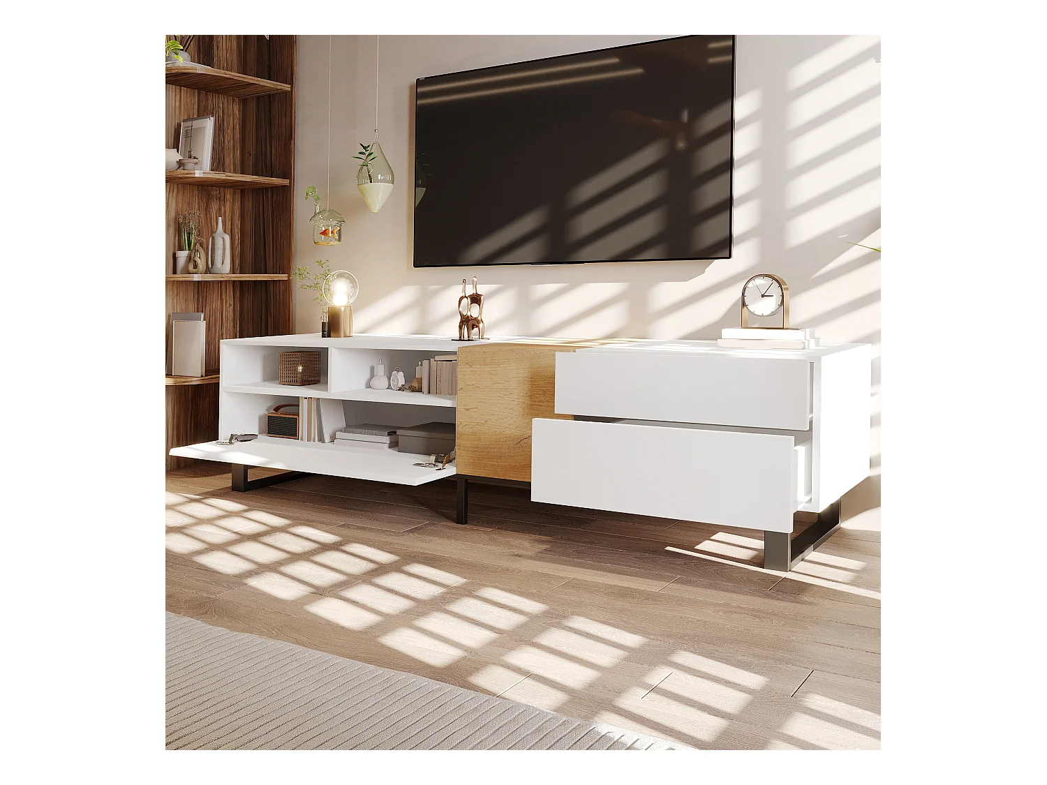 Meuble TV moderne, aspect blanc et bois, 180 x 50 x 38 cm, design minimaliste – Idéal pour un salon épuré et fonctionnel