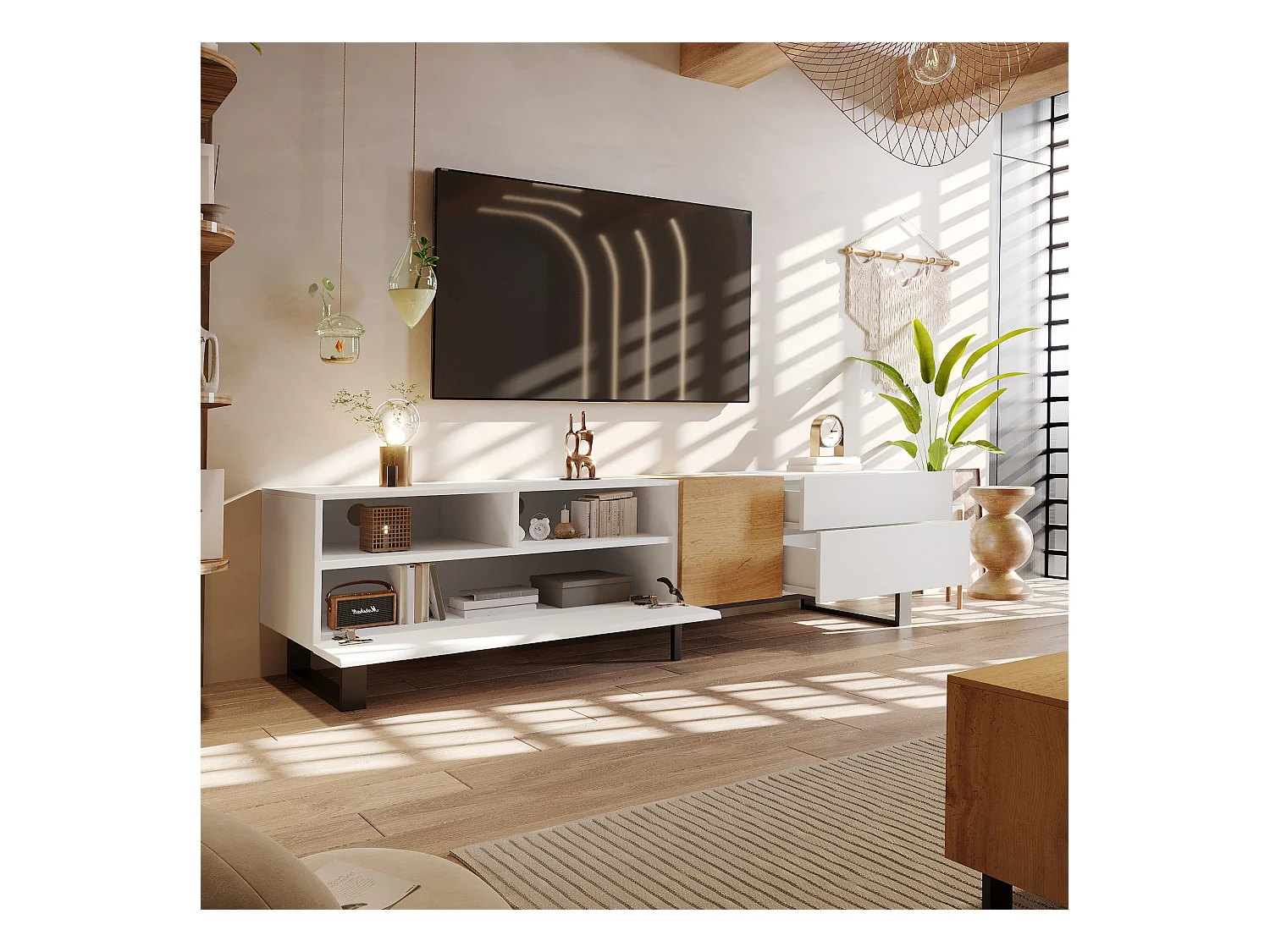 Meuble TV moderne, aspect blanc et bois, 180 x 50 x 38 cm, design minimaliste – Idéal pour un salon épuré et fonctionnel