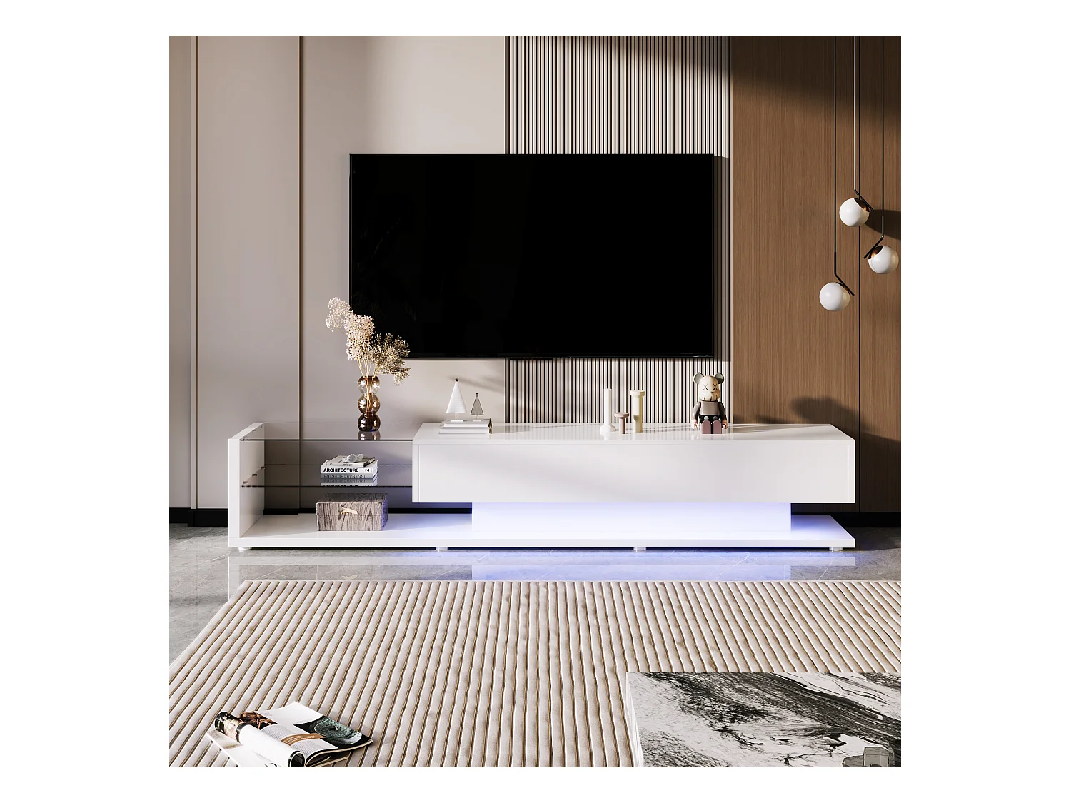 Meuble TV avec panneaux bas, cloisons en verre blanc brillant et éclairage LED réglable. Style rustique et moderne pour un salon harmonieux.