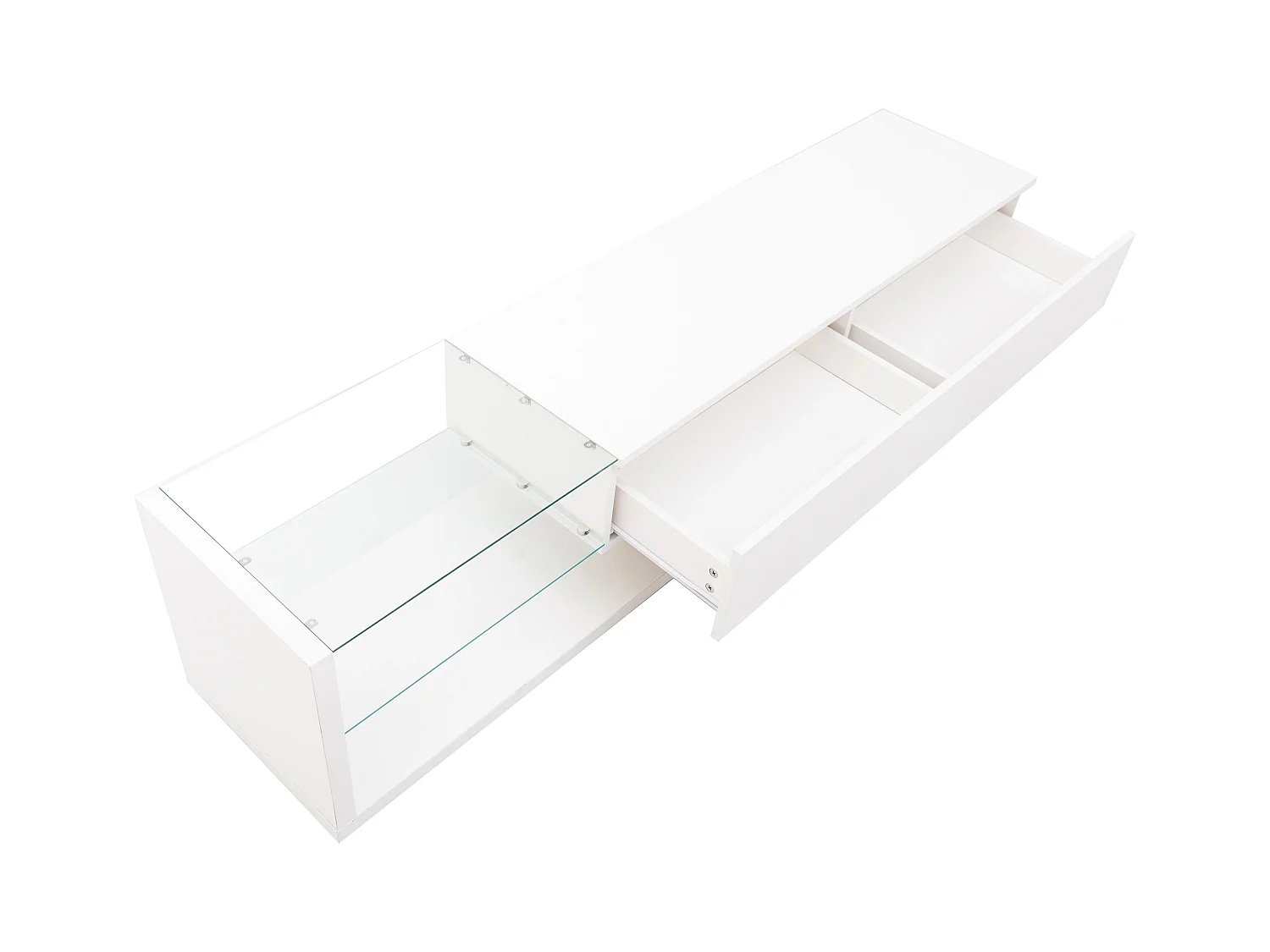 Meuble TV avec panneaux bas, cloisons en verre blanc brillant et éclairage LED réglable. Style rustique et moderne pour un salon harmonieux.