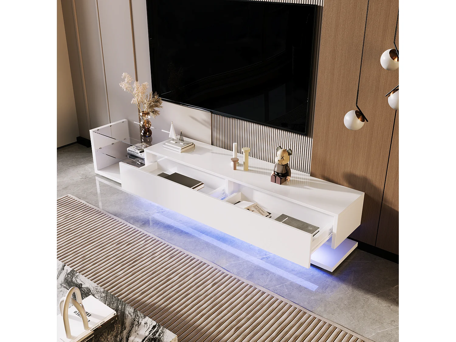 Meuble TV avec panneaux bas, cloisons en verre blanc brillant et éclairage LED réglable. Style rustique et moderne pour un salon harmonieux.