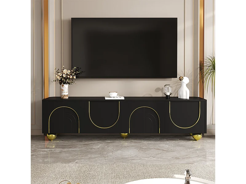 Meuble TV, Lowboard avec Portes Structurées, Ornements Dorés, Pieds Ronds Dorés, Tablettes Incluses, Push-to-Open