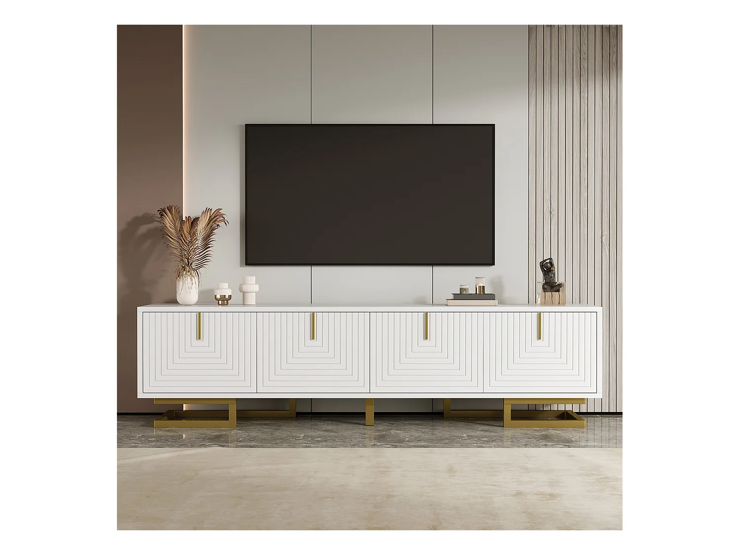 Meuble TV, Lowboard avec Portes Structurées, Poignées Dorées et Pieds Dorés