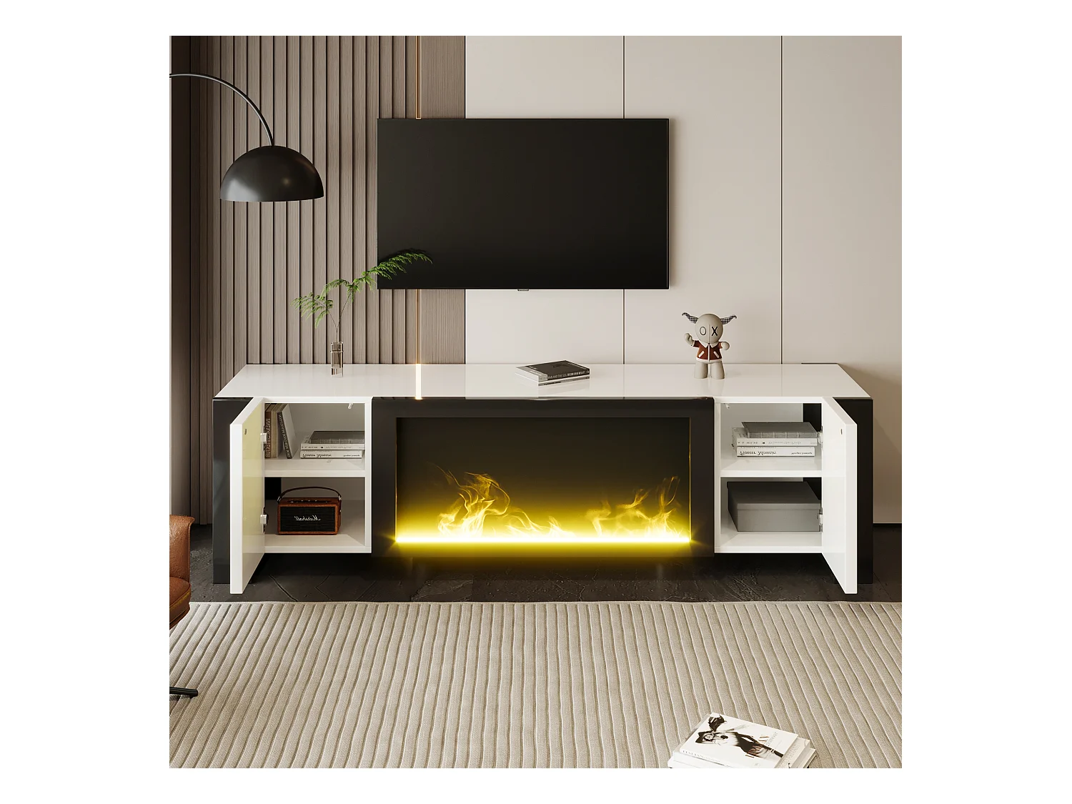 Meuble TV, lowboard avec cheminée électrique effet flamme, sans fonction chauffage, finition haute brillance, meuble TV assorti