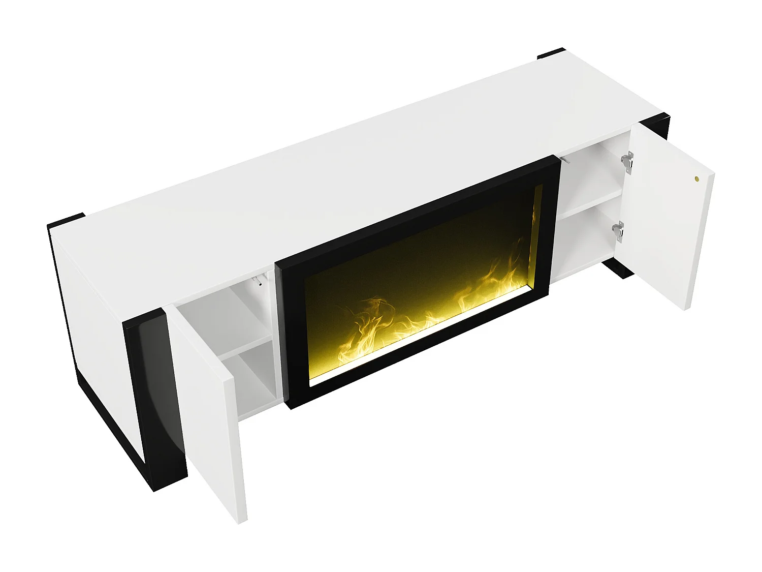 Meuble TV, lowboard avec cheminée électrique effet flamme, sans fonction chauffage, finition haute brillance, meuble TV assorti