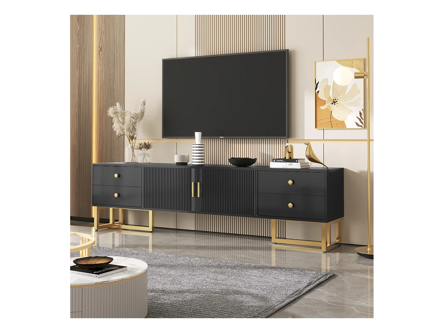 Meuble TV, panneau bas avec porte texturée, meuble TV avec tiroirs, poignées et pieds dorés