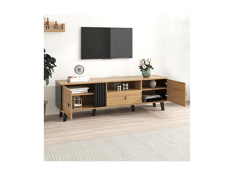 Meuble TV 170 cm, Bois et Noir, Lowboard avec Tiroirs, Rangement Polyvalent, Élégance Stylée et Design Unique