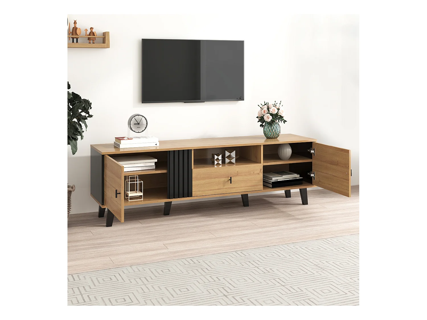 Meuble TV 170 cm, Bois et Noir, Lowboard avec Tiroirs, Rangement Polyvalent, Élégance Stylée et Design Unique