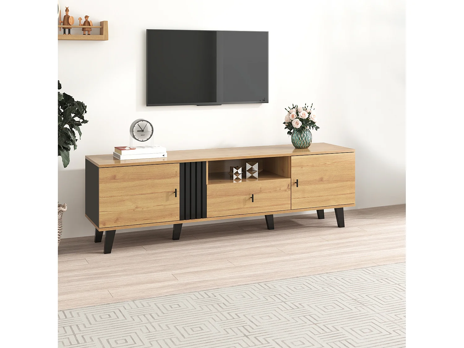 Meuble TV 170 cm, Bois et Noir, Lowboard avec Tiroirs, Rangement Polyvalent, Élégance Stylée et Design Unique