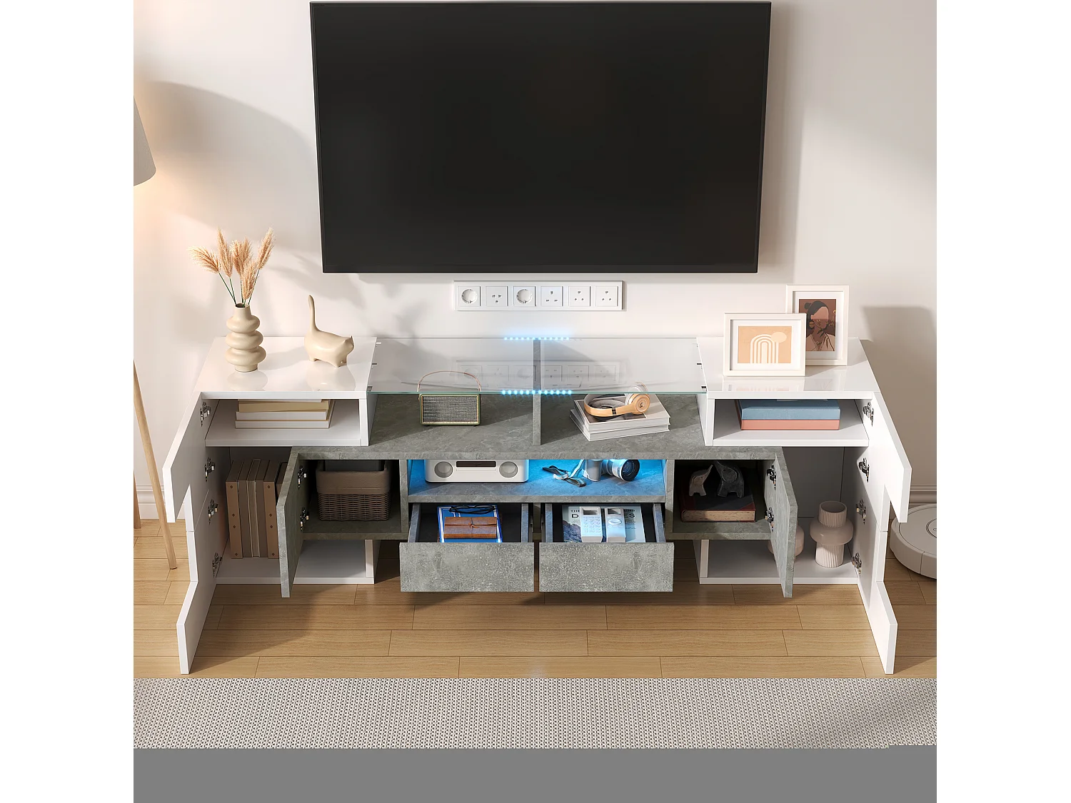 Meuble TV élégant, Lowboard, blanc laqué, 145 cm, éclairage LED, meuble pour salon, design moderne, surface en verre élégante