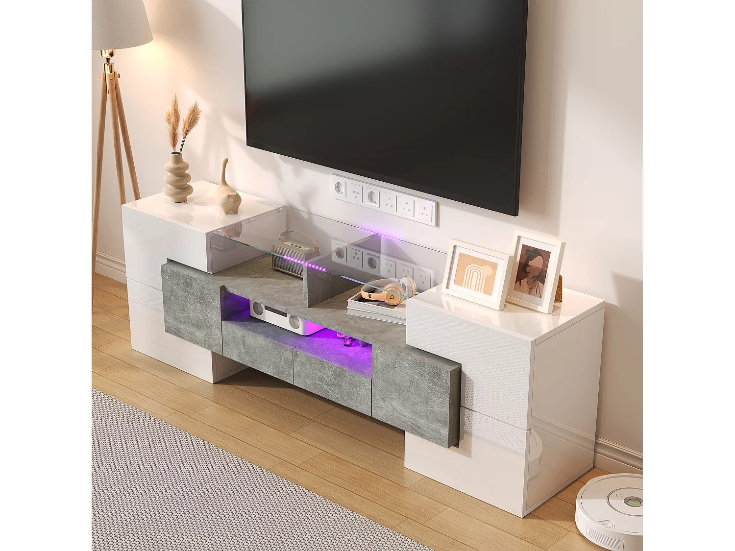 Meuble TV élégant, Lowboard, blanc laqué, 145 cm, éclairage LED, meuble pour salon, design moderne, surface en verre élégante