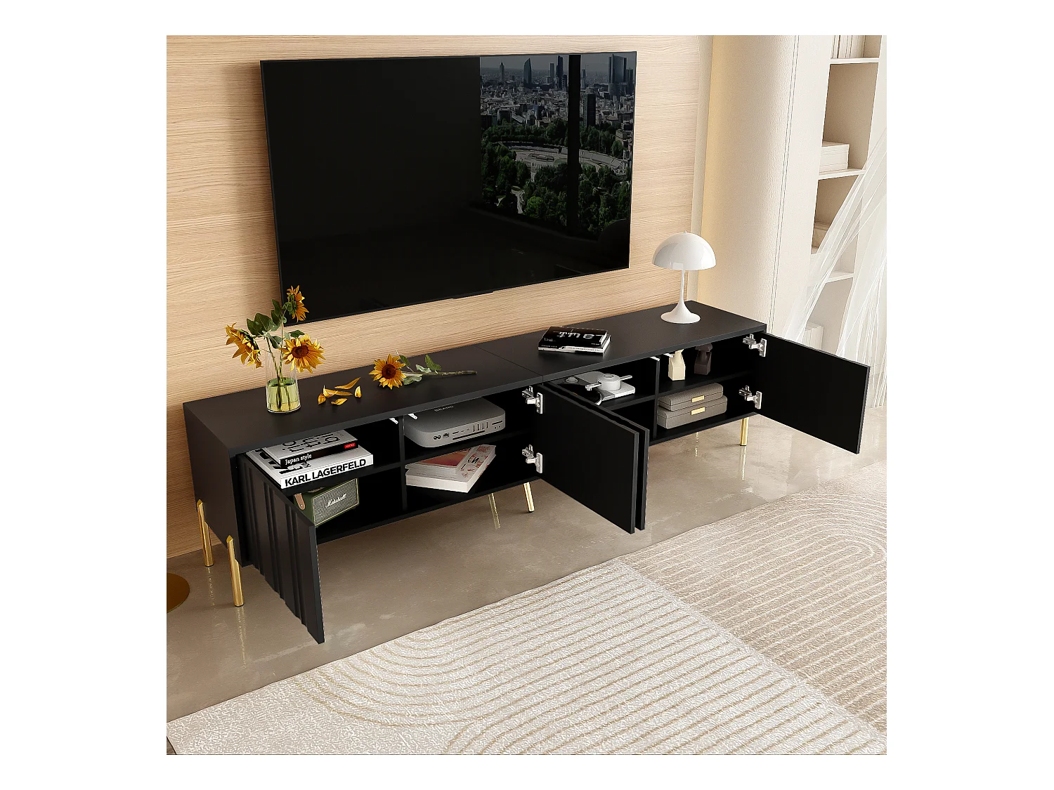 Meuble TV noir, 190 cm (L) x 38 cm (l) x 48 cm (H), pieds de table dorés