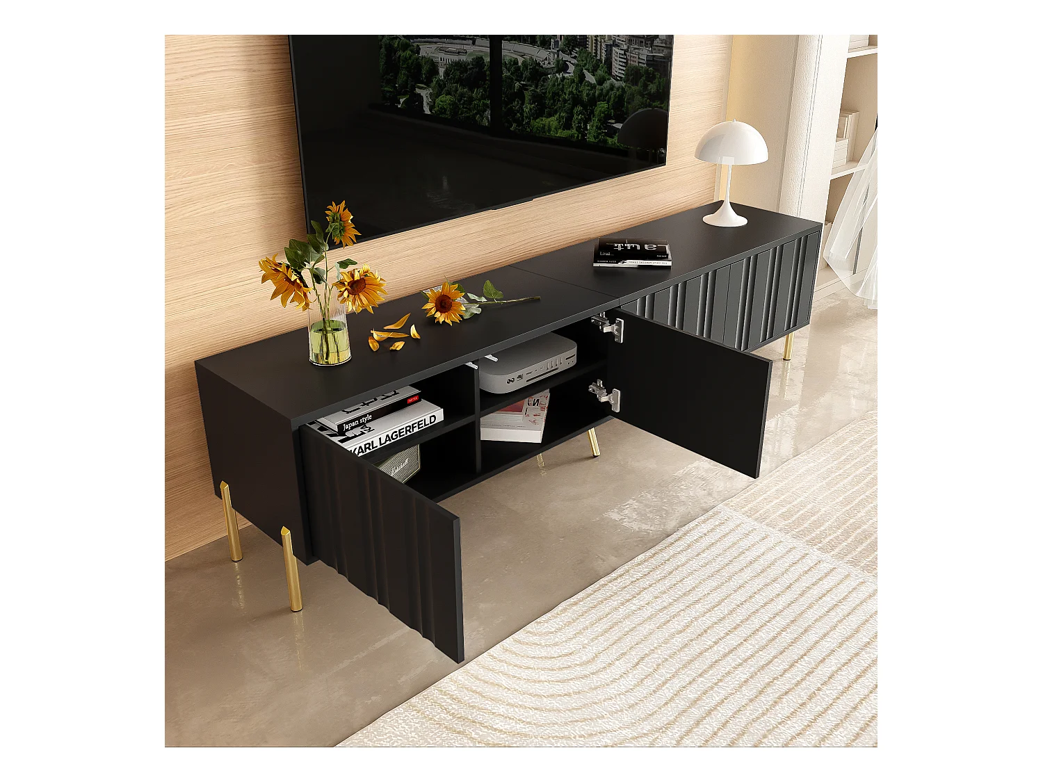 Meuble TV noir, 190 cm (L) x 38 cm (l) x 48 cm (H), pieds de table dorés