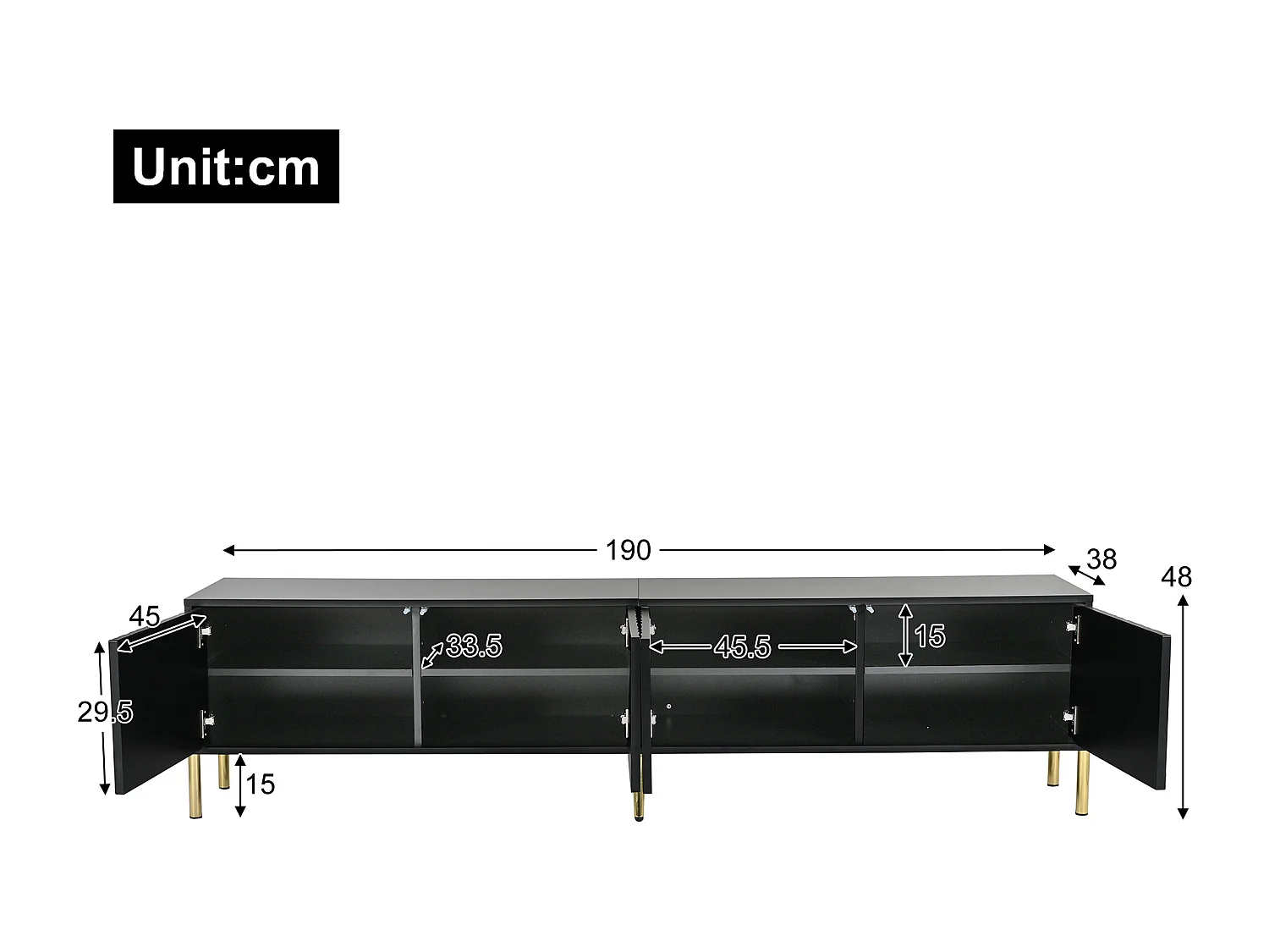 Meuble TV noir, 190 cm (L) x 38 cm (l) x 48 cm (H), pieds de table dorés