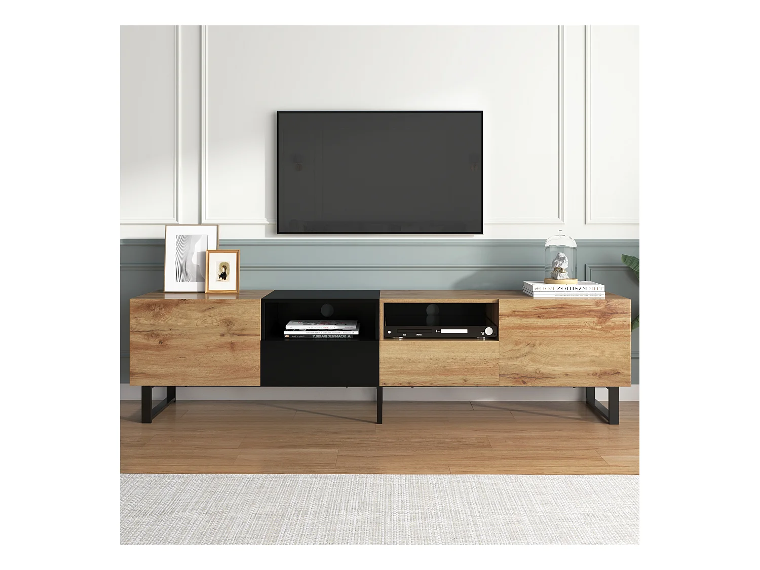 Meuble TV moderne avec design noir et couleur bois naturel – espace de rangement spacieux et structure robuste pour votre salon