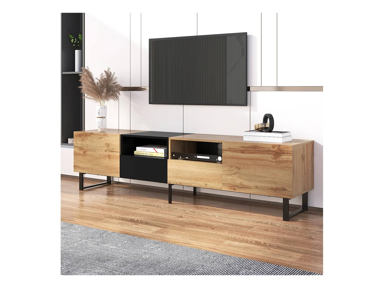 Meuble TV moderne avec design noir et couleur bois naturel – espace de rangement spacieux et structure robuste pour votre salon