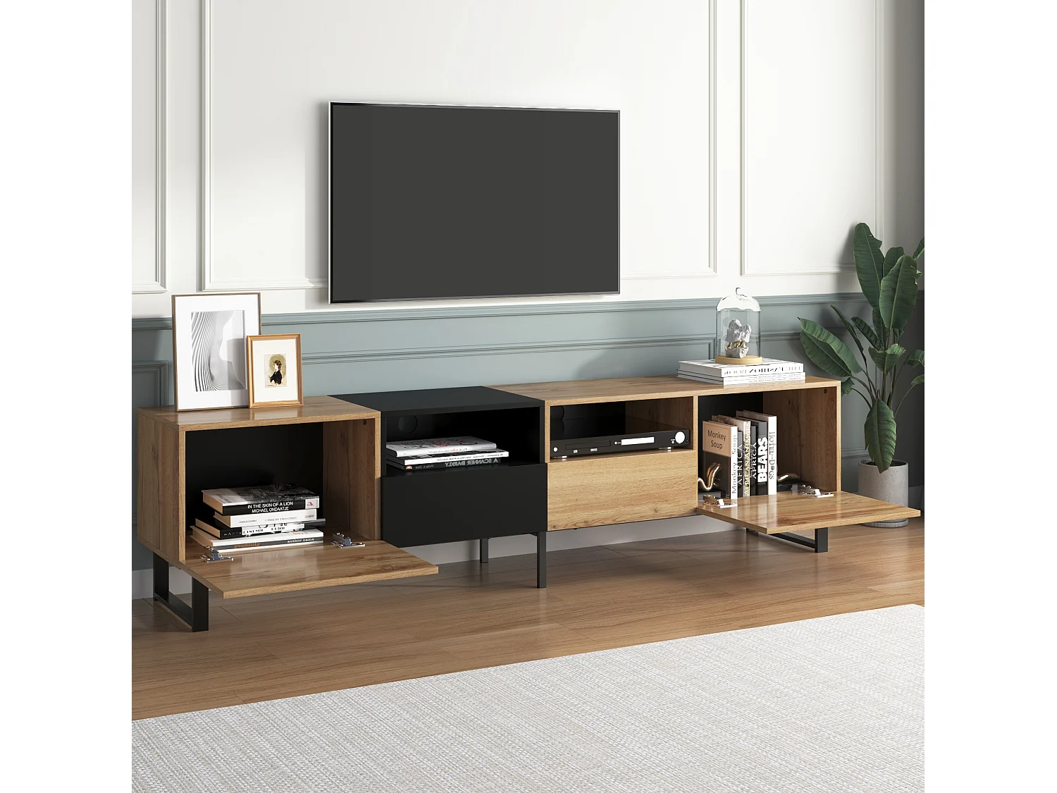 Meuble TV moderne avec design noir et couleur bois naturel – espace de rangement spacieux et structure robuste pour votre salon