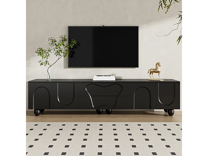 Meuble TV 180 cm noir avec pieds en bois, design minimaliste et élégant, grand espace de rangement, design unique et solutions de stockage flexibles pour salon.