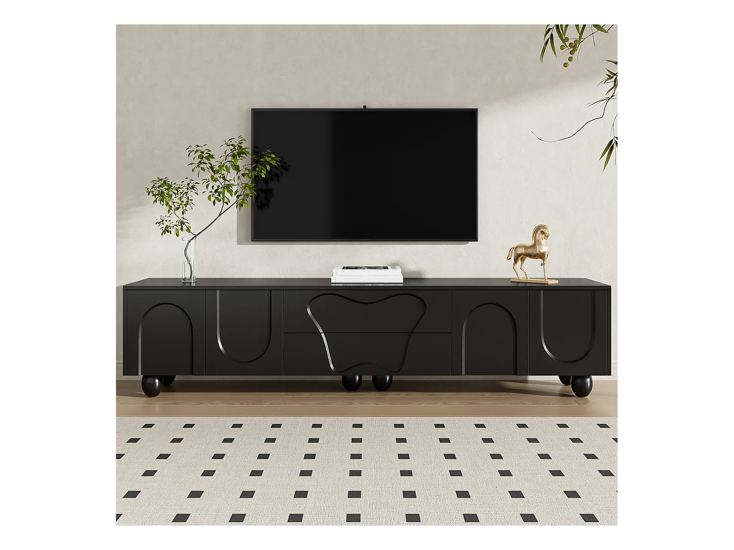 Meuble TV 180 cm noir avec pieds en bois, design minimaliste et élégant, grand espace de rangement, design unique et solutions de stockage flexibles pour salon.
