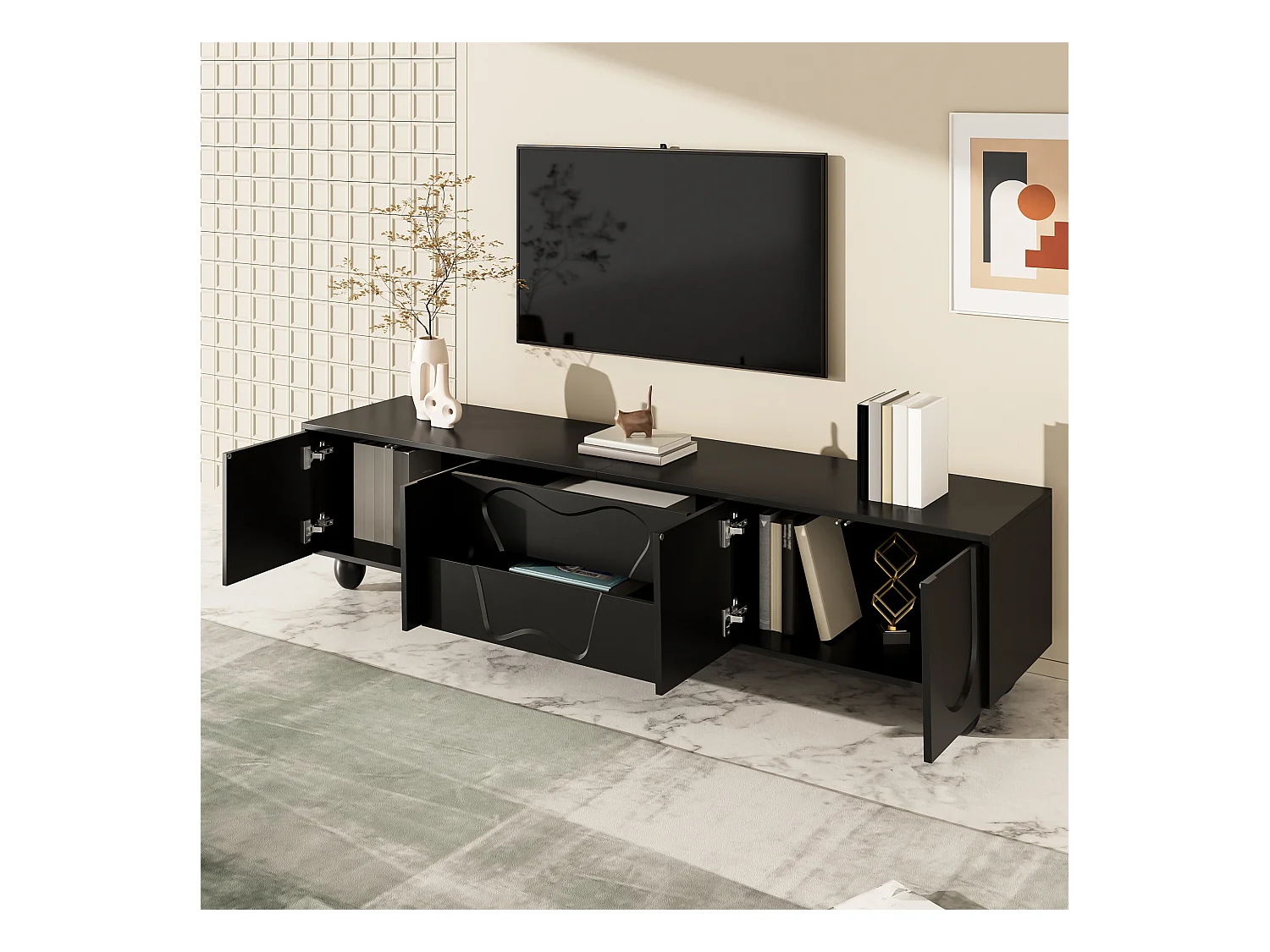 Meuble TV 180 cm noir avec pieds en bois, design minimaliste et élégant, grand espace de rangement, design unique et solutions de stockage flexibles pour salon.