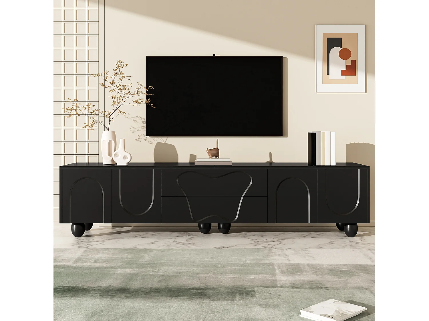 Meuble TV 180 cm noir avec pieds en bois, design minimaliste et élégant, grand espace de rangement, design unique et solutions de stockage flexibles pour salon.