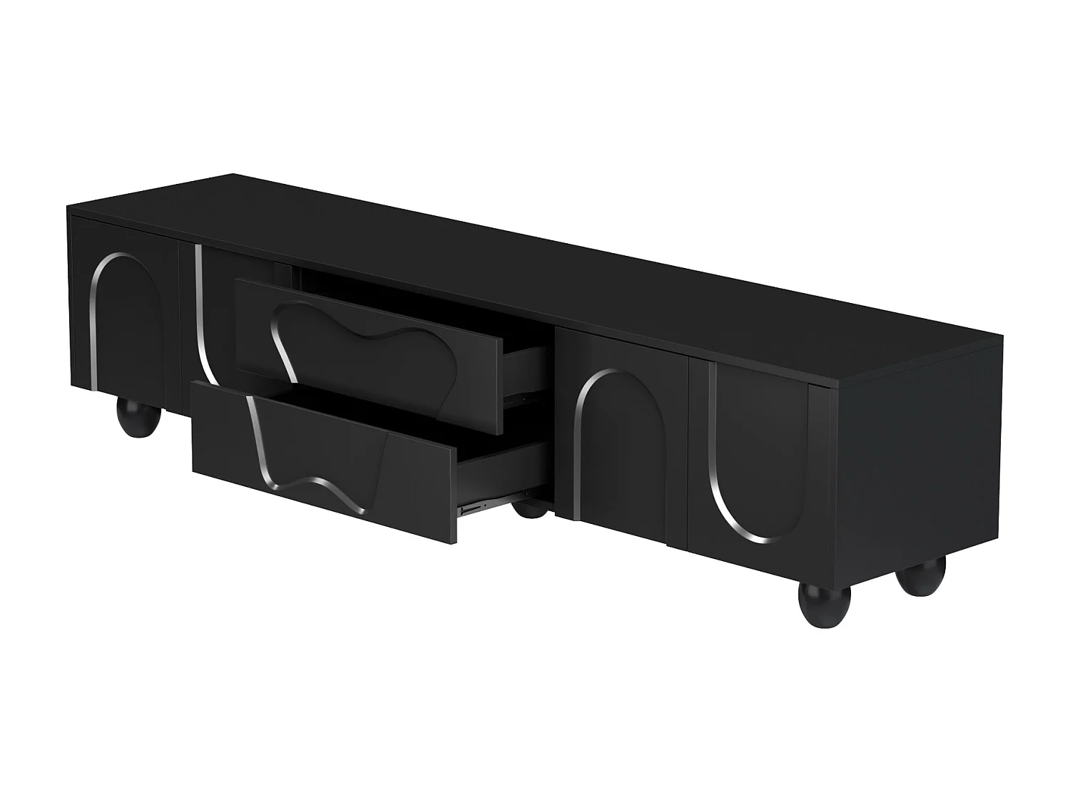 Meuble TV 180 cm noir avec pieds en bois, design minimaliste et élégant, grand espace de rangement, design unique et solutions de stockage flexibles pour salon.