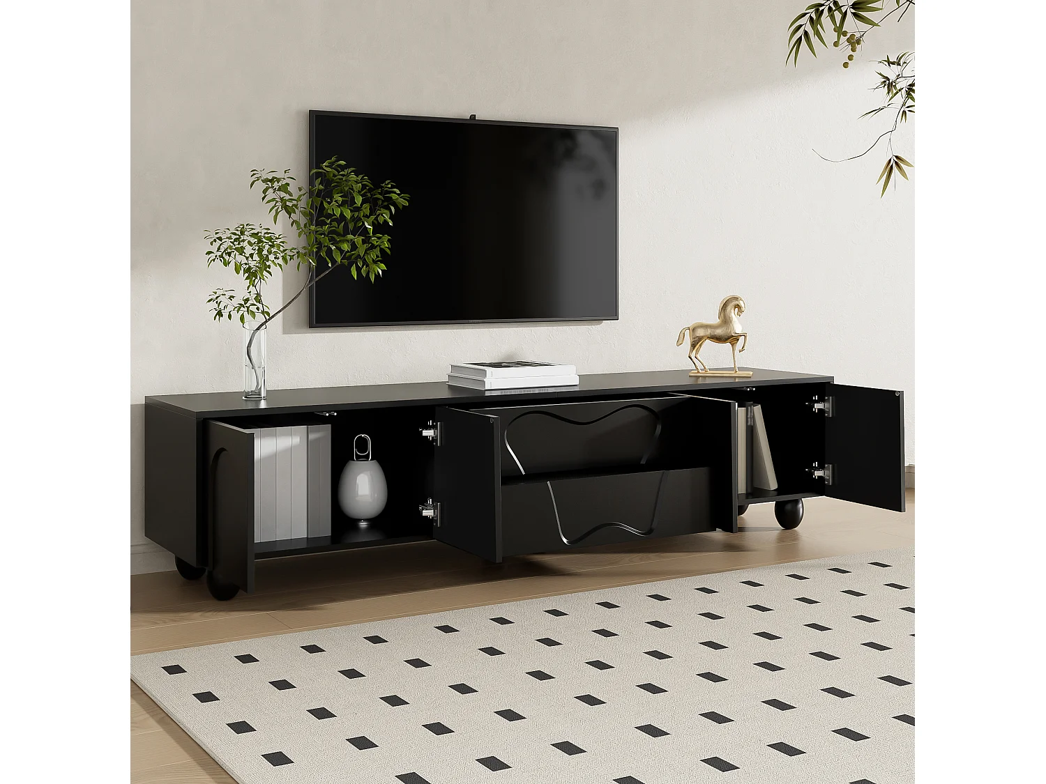 Meuble TV 180 cm noir avec pieds en bois, design minimaliste et élégant, grand espace de rangement, design unique et solutions de stockage flexibles pour salon.