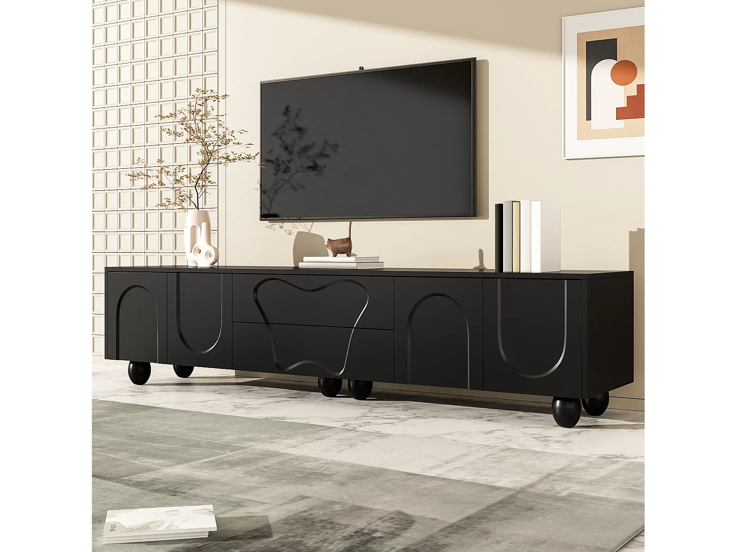 Meuble TV 180 cm noir avec pieds en bois, design minimaliste et élégant, grand espace de rangement, design unique et solutions de stockage flexibles pour salon.
