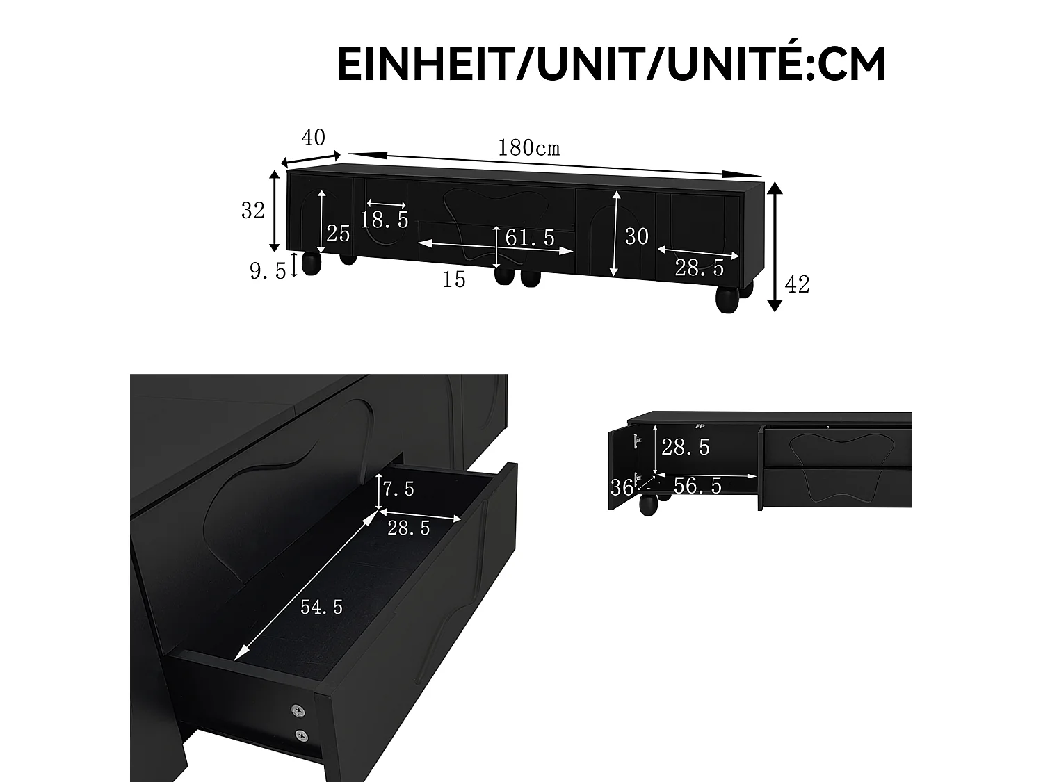 Meuble TV 180 cm noir avec pieds en bois, design minimaliste et élégant, grand espace de rangement, design unique et solutions de stockage flexibles pour salon.
