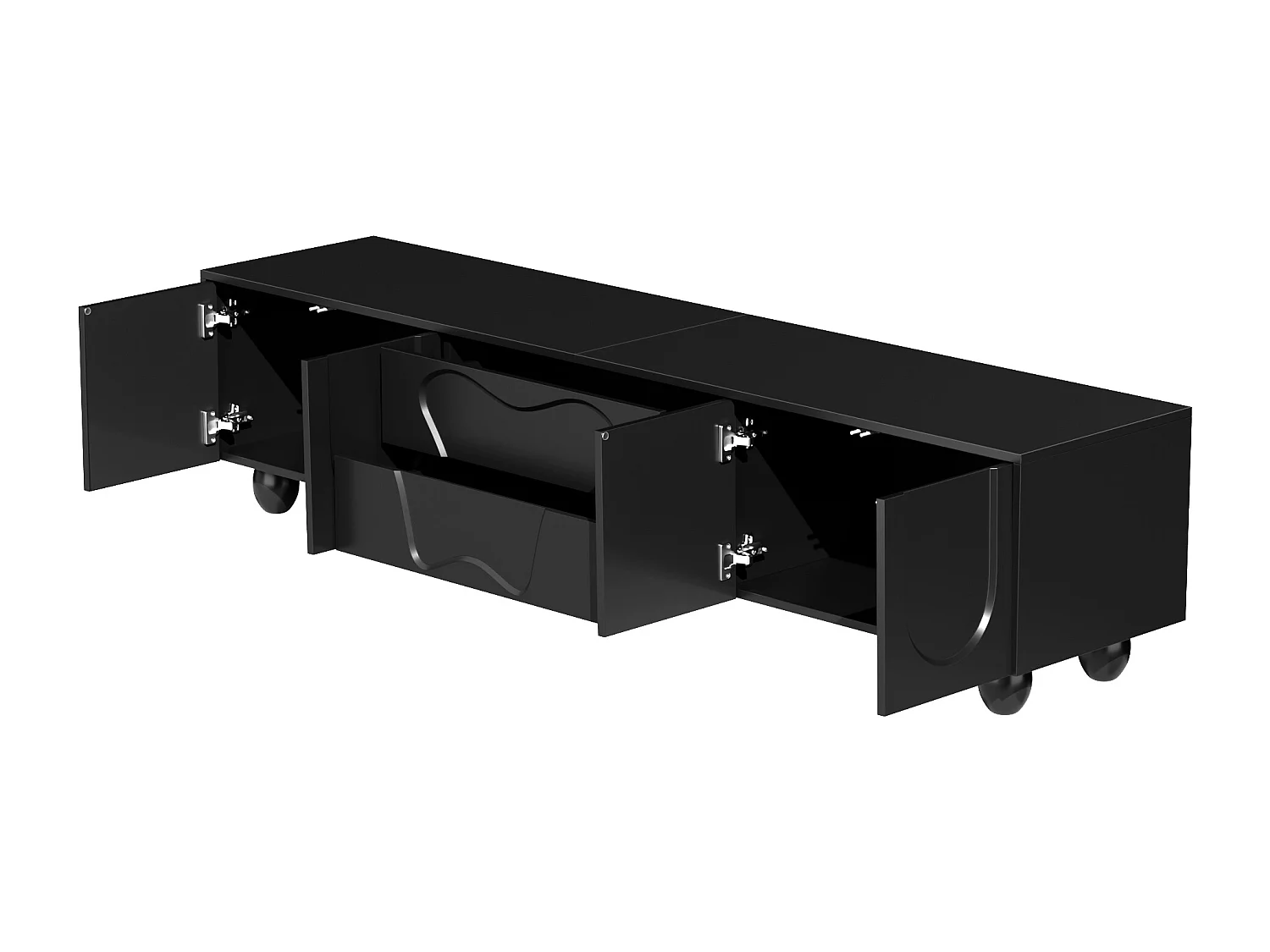 Meuble TV 180 cm noir avec pieds en bois, design minimaliste et élégant, grand espace de rangement, design unique et solutions de stockage flexibles pour salon.