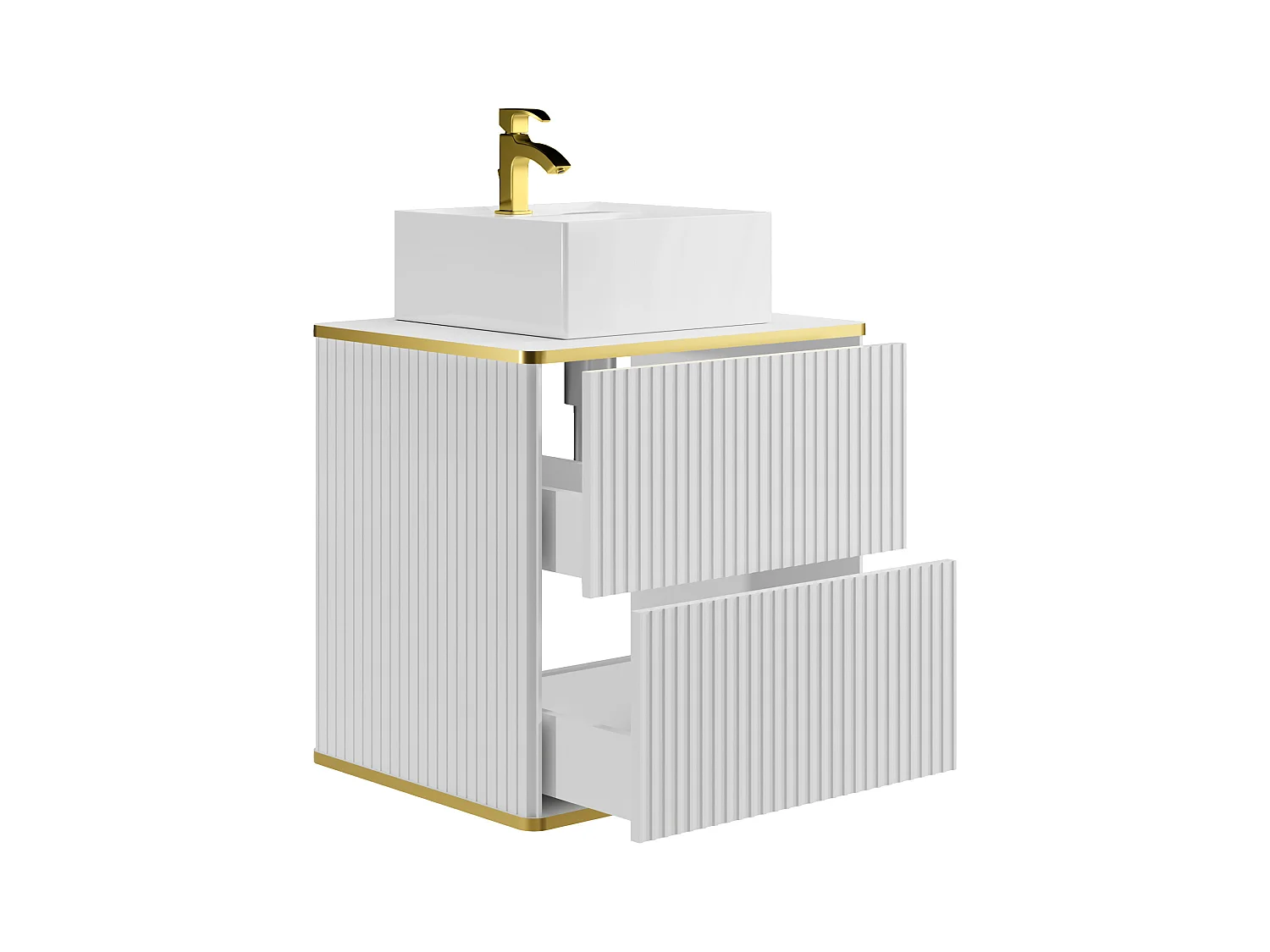 Meuble de salle de bain suspendu strié liseré doré avec vasque à poser carrée - Blanc - L60 cm - KELIZA