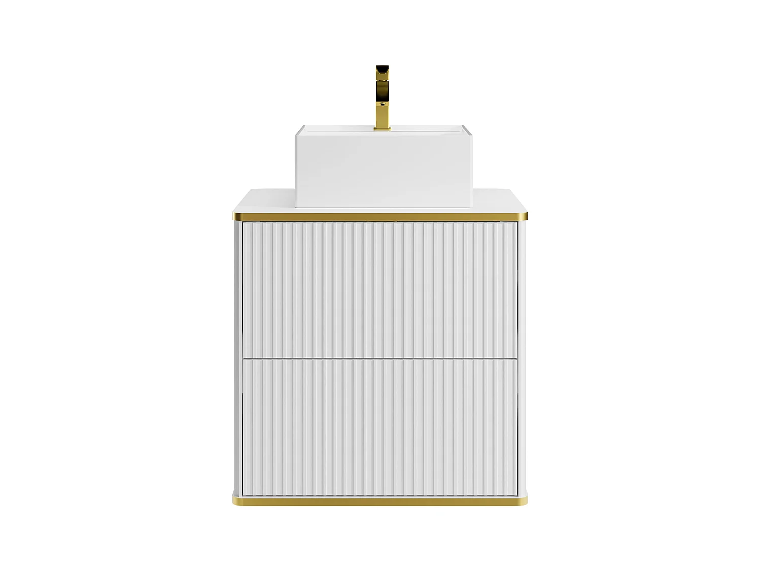 Meuble de salle de bain suspendu strié liseré doré avec vasque à poser carrée - Blanc - L60 cm - KELIZA