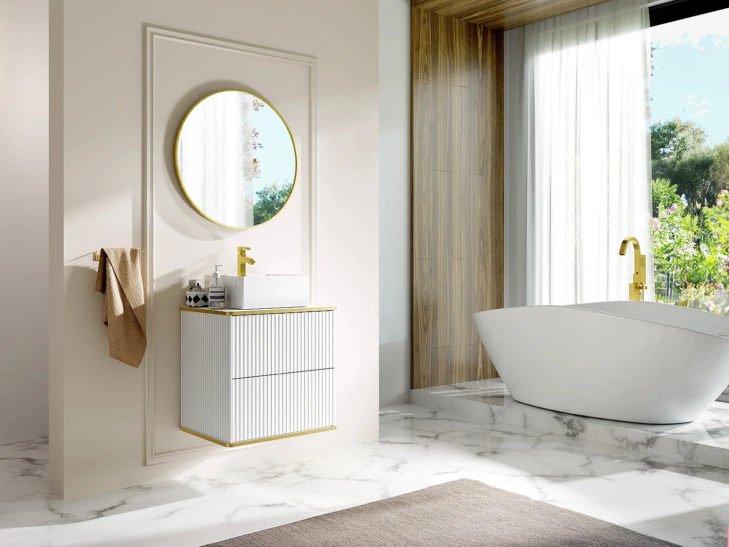 Meuble de salle de bain suspendu strié liseré doré avec vasque à poser carrée - Blanc - L60 cm - KELIZA