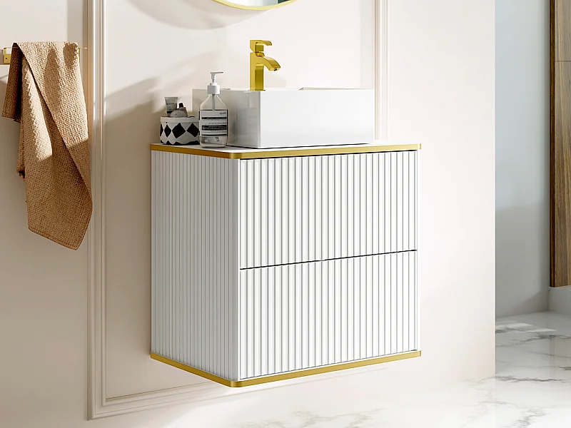 Waschbeckenunterschrank hängend mit quadratischem Aufsatzwaschbecken - Streifenoptik - Goldfarbene Umrandung - Weiß - 60 cm - KELIZA