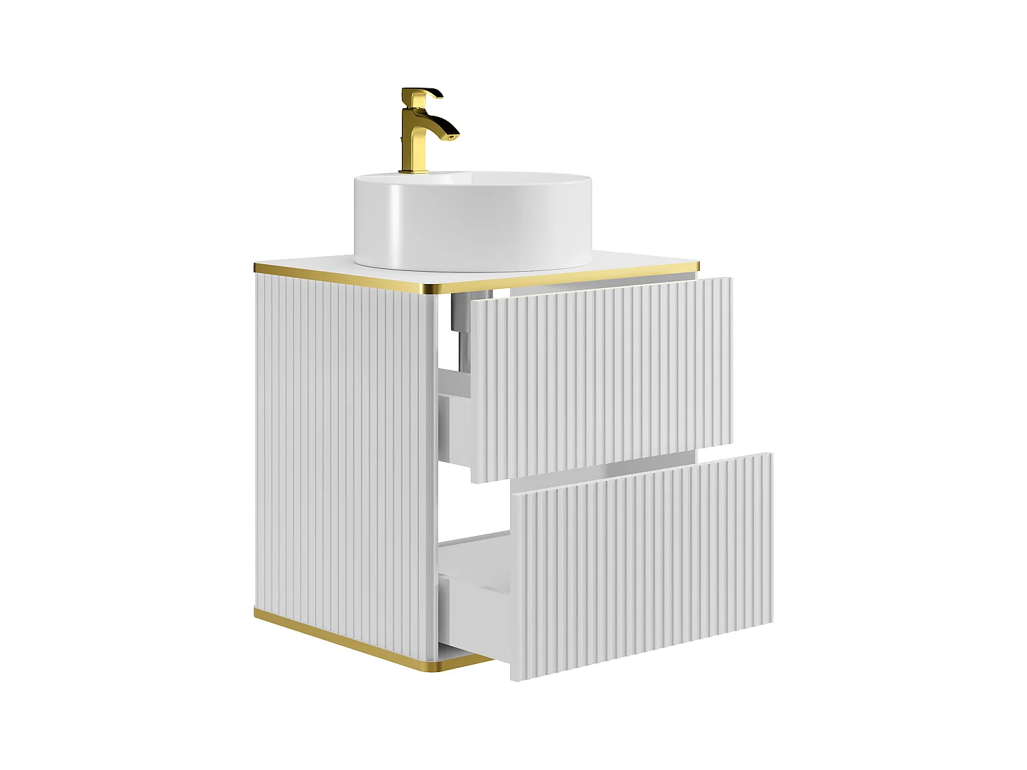 Meuble de salle de bain suspendu strié liseré doré avec vasque à poser ronde - Blanc - L60 cm - KELIZA